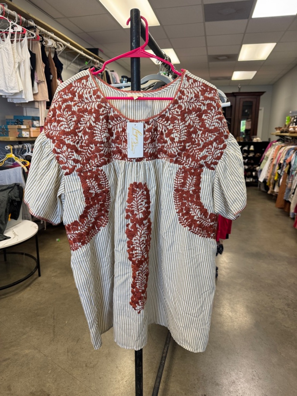 Embroidered Stripe Tunic Mini Dress with Rust Appliqué